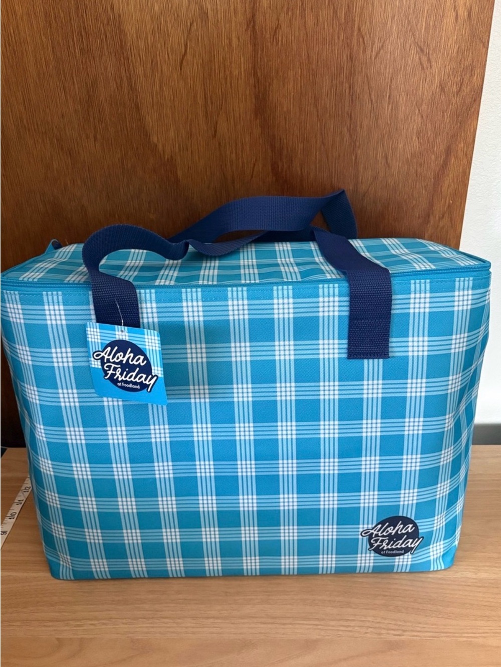 Foodland Aloha Friday Blue Palaka large Insulated Tote